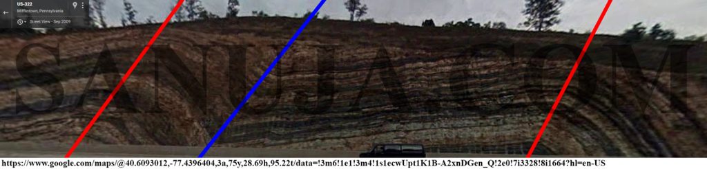The hinge line of anticlines are marked in red and syncline is marked in blue.