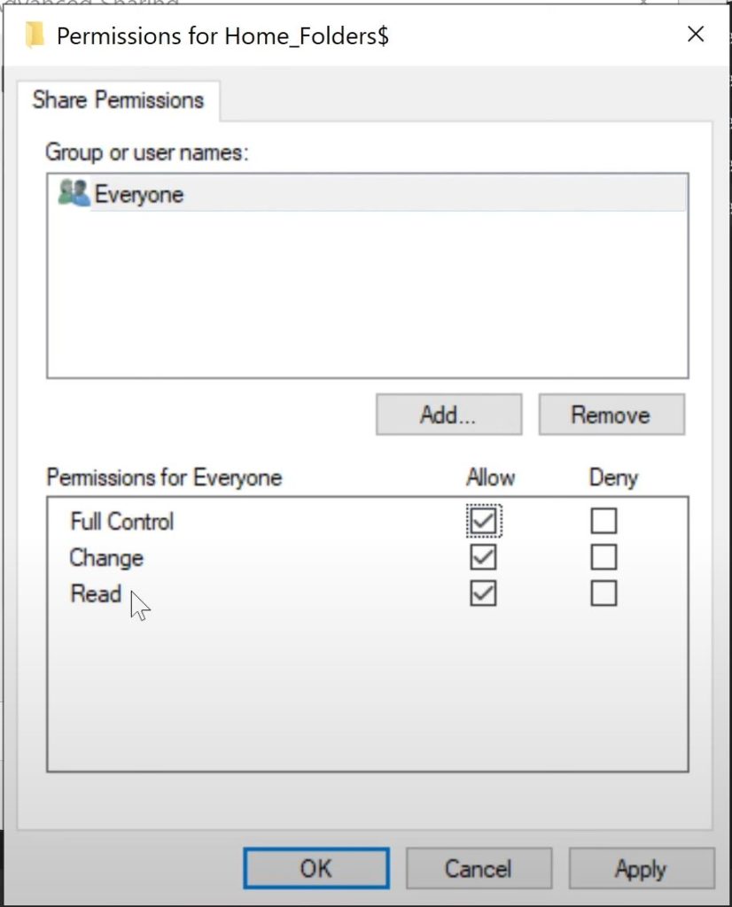 Change Share Permissions for Everyone group.